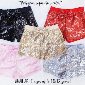 Sequin shorts- PICK your BOW color, sequin baby shorts, sequin birthday girl shorts, 1st birthday shorts sequin toddler shorts,girl shorts