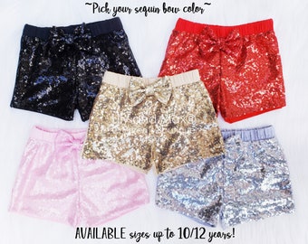 Sequin shorts- PICK your BOW color, sequin baby shorts, sequin birthday girl shorts, 1st birthday shorts sequin toddler shorts,girl shorts