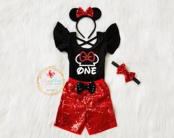 Conjunto de pantalones cortos con lentejuelas rojas para el primer cumpleaños de Minnie Mouse