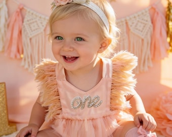 Perziken veren kant 1e verjaardag tutu romper: roségouden outfit