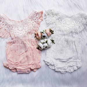 Boho chic white baby girls romper, BOHO Chic girl white outfit, Rustic white floral girl outfit, Baptism lace baby girl bubble romper set image 7