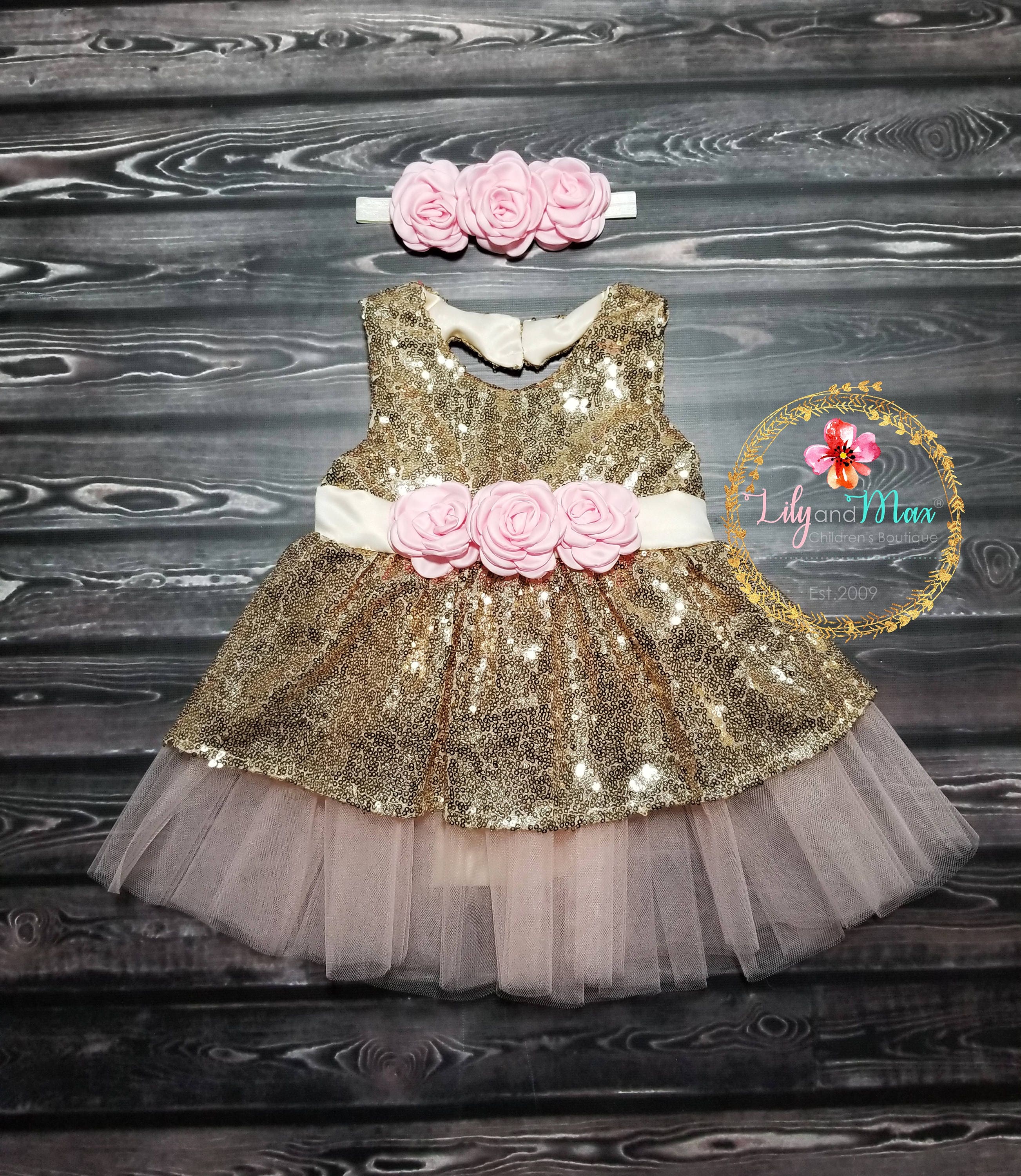 Pink and Gold Sequin Girls Dress, Gold Sequin Birthday Dress, Pink Rose  Headband, Baby Girl Dress, Sequin Toddler Dress, Flower Girl Dress - Etsy