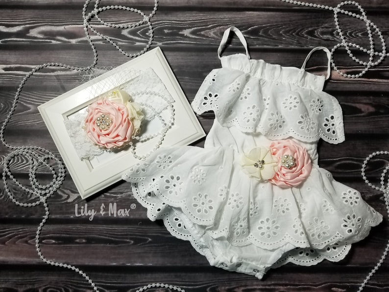 Rustic baby girls outfit Boho baby girl white romper Baptism Etsy