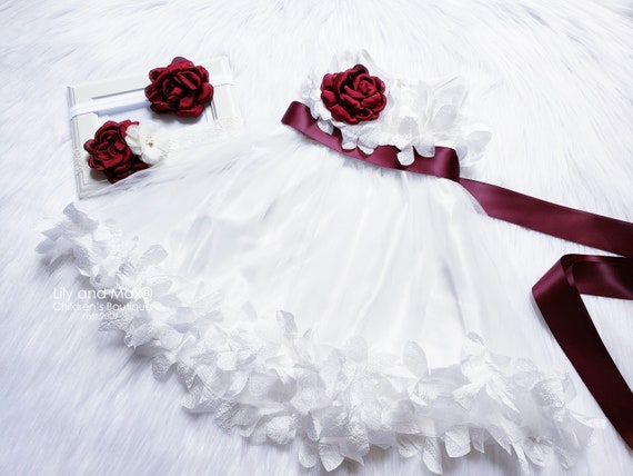 White Flower Girl Dress: Burgundy Sash, Boho Wedding Outfit - Etsy New  Zealand