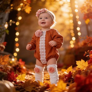 Macacão curto de bebê estilo "bolinhas" para o Dia de Ação de Graças, em musselina rústica com renda, cor laranja queimado. Ideal para o primeiro aniversário.