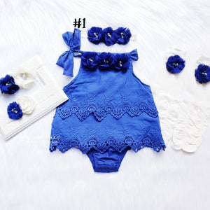 Boho chic blue baby girls romper, BOHO Chic girl blue cream outfit, 1st birthday boho romper, Baptism lace baby girl eyelet romper set image 6