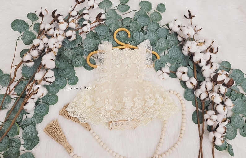 Rustic baby girl CREAM romper, 1st birthday cream Baby girls boho outfit, Boho girl outfit, Rustic lace baby girl lace chic bubble romper image 3