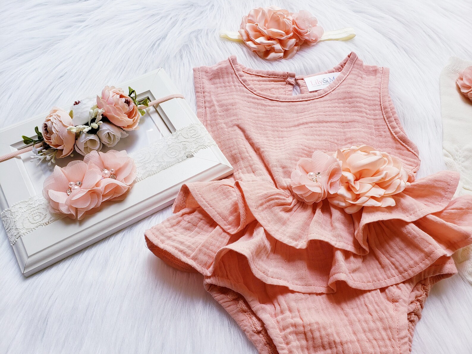 Rustic Baby Girl Peach Romper 1st Birthday White Peach Baby Etsy