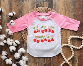 Cherry baby girl shirt, cheery coquette bow kid shirt, pink bow cherry baby girl outfit, summer cherry bow toddler shirt