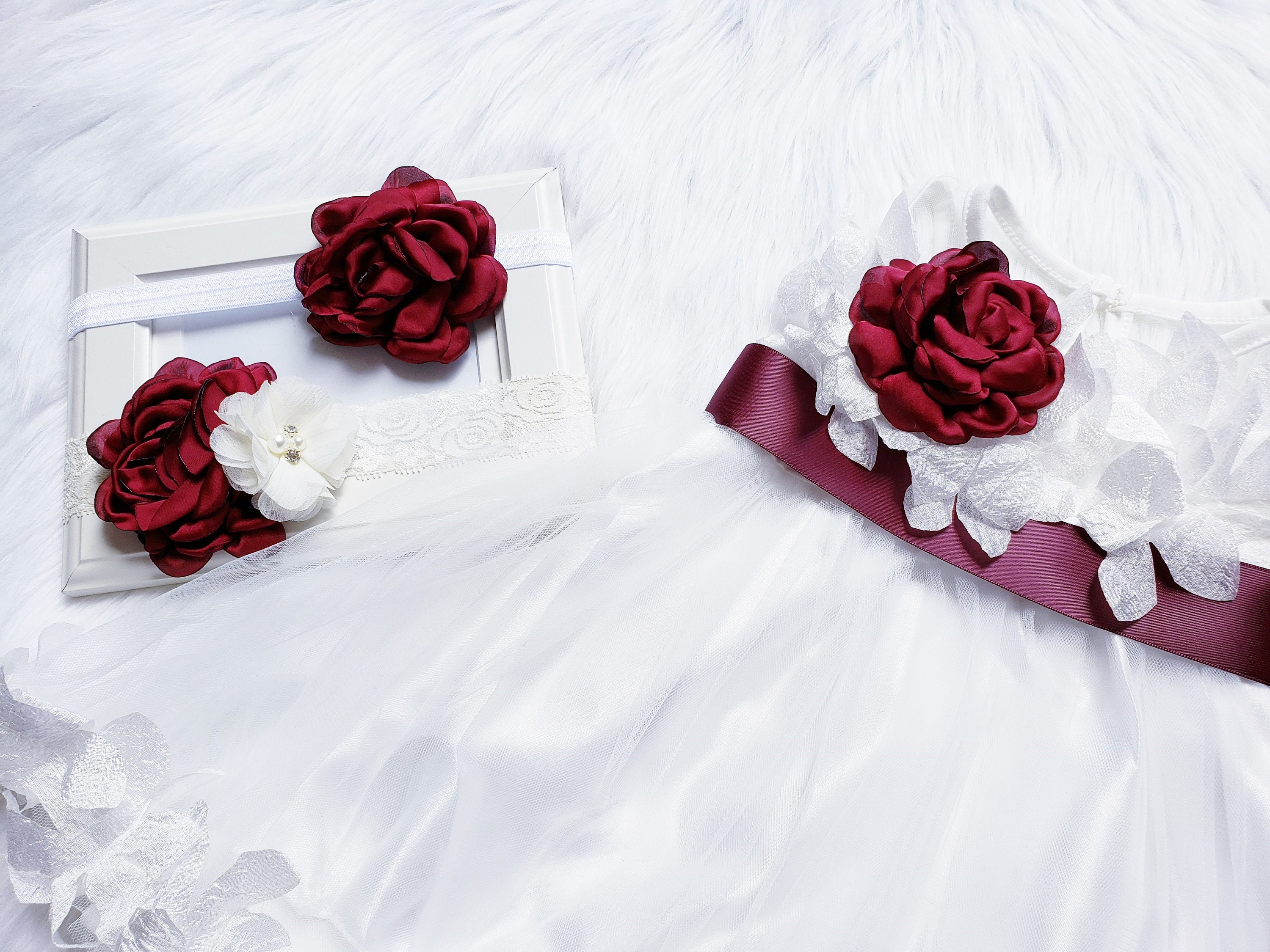 white dress with burgundy sash Burgundy Dress With shiny Lace 1 year / With Train