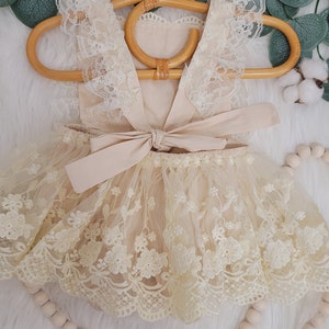 Rustic baby girl CREAM romper, 1st birthday cream Baby girls boho outfit, Boho girl outfit, Rustic lace baby girl lace chic bubble romper image 6