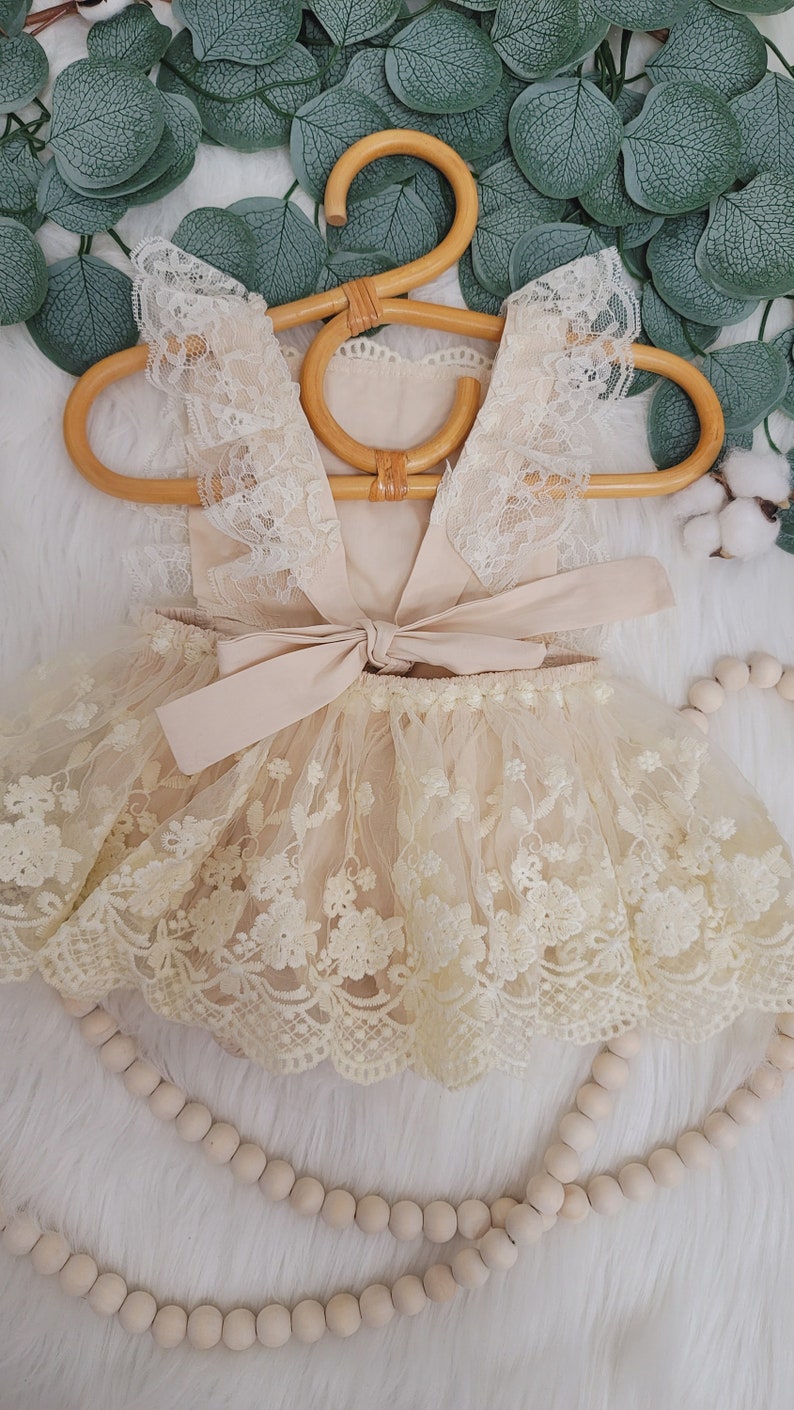 Rustic baby girl CREAM romper, 1st birthday cream Baby girls boho outfit, Boho girl outfit, Rustic lace baby girl lace chic bubble romper image 6