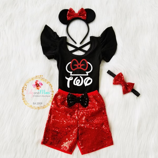 Minnie Mouse birthday girl outfit, Birthday Girl minnie mouse Outfit, Red sequin Short outfit, 2nd Birthday girl Minnie smash cake outfit