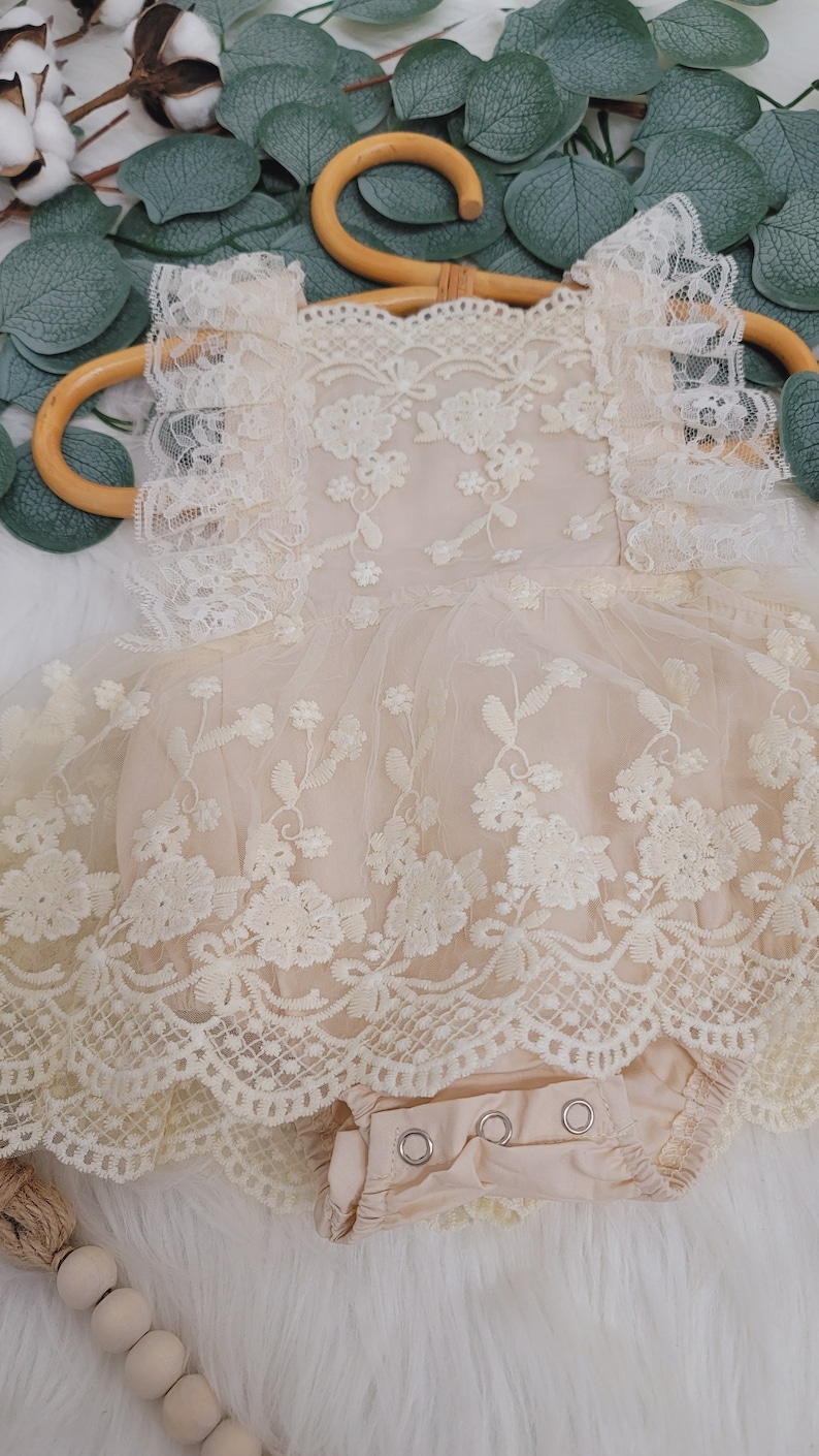 Rustic baby girl CREAM romper, 1st birthday cream Baby girls boho outfit, Boho girl outfit, Rustic lace baby girl lace chic bubble romper image 5