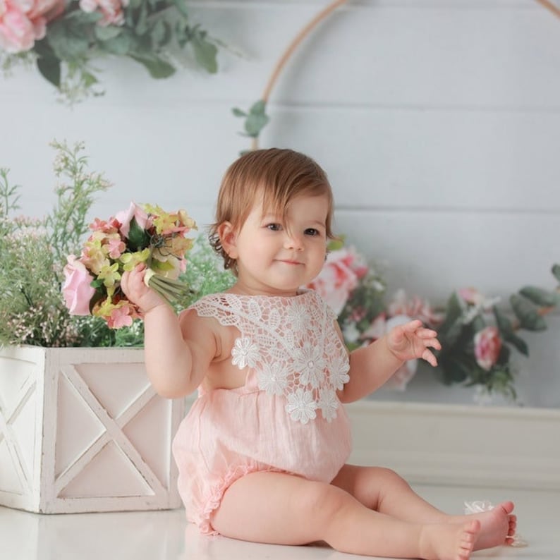 Boho chic white baby girls romper, BOHO Chic girl white outfit, Rustic white floral girl outfit, Baptism lace baby girl bubble romper set image 1