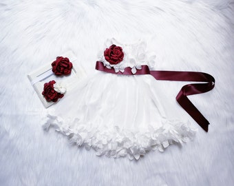 white dress with burgundy sash Burgundy Dress With shiny Lace 1 year / With Train