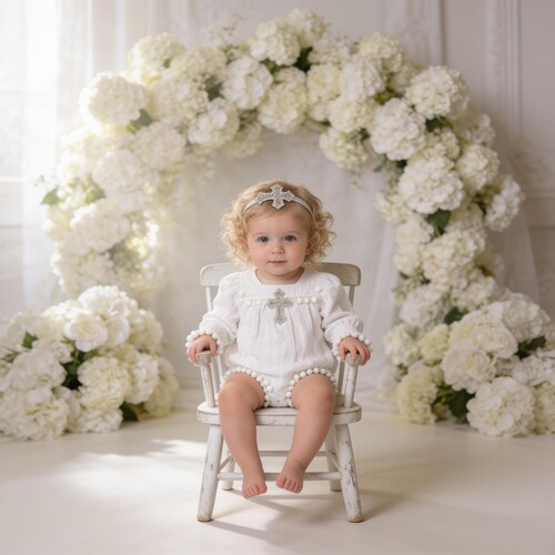 Rustic Baptism baby Romper: Boho Girls jewel cross Christening Outfit, photo prop