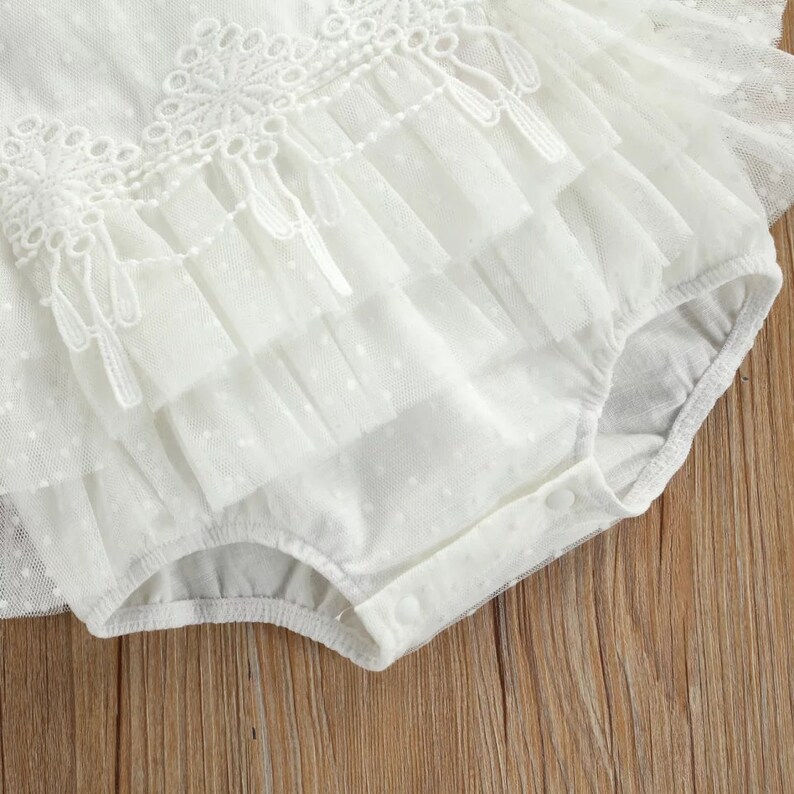 Boho chic off white baby girls romper, BOHO Chic girl off white lace outfit, 1st birthday boho romper, Baptism lace baby girl romper set image 8