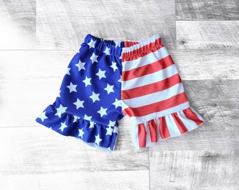 4th of July girl shorts, Retro tones Patriotic baby girl shorts, American flag KID shorts- 0-3mo/8-10y