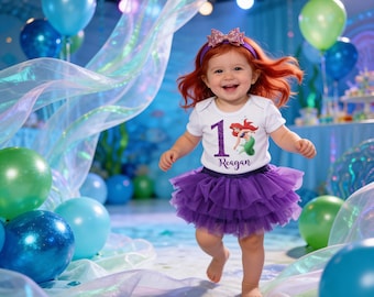Mermaid 1st Birthday Outfit: Ariel Bodysuit, Purple Pettiskirt & Headband