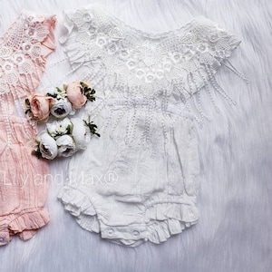 Baptism baby girls outfit, Christening baby girl white romper, Baptism girl outfit, Baptism lace baby girl bubble romper set