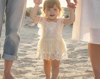 Cream Lace Baby Romper, Rustic Boho Girl Outfit, 1st birthday romper, picture prop