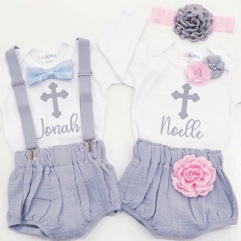 Twins boho outfit, Rustic baby girl boy gray baptism outfit,Boho girl and boy bubble short Christening outfit,Rustic baby twin gift outfit image 1