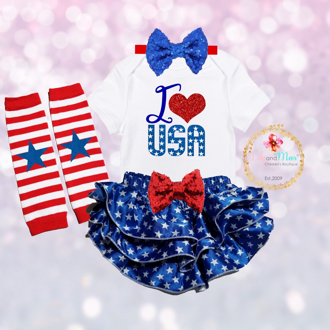 4th of JULY Girl Bloomers Outfit, I Love USA Girls Outfit, I Love USA