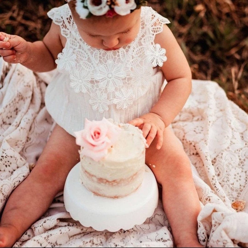 Boho chic white baby girls romper, BOHO Chic girl white outfit, Rustic white floral girl outfit, Baptism lace baby girl bubble romper set image 5