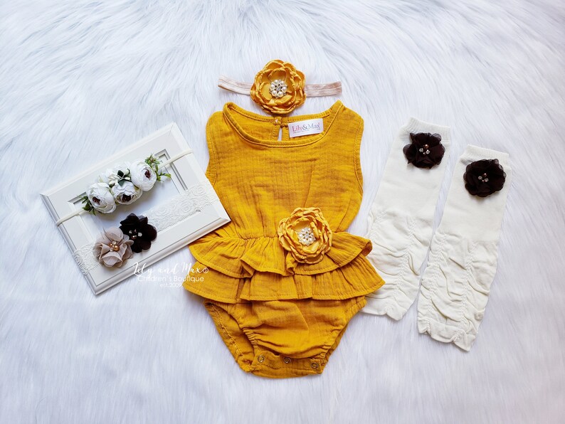 Rustic Fall Mustard Baby Girl Romper 1st Birthday Mustard Etsy