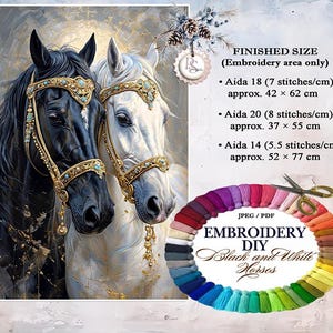 Puede incluir: Imagen detallada de dos caballos, uno negro y otro blanco, adornados con bridas doradas y detalles turquesas. La imagen incluye una rueda de color de hilo de bordar y el texto "EMBROIDERY DIY Black and White Horses".