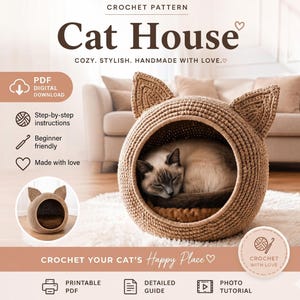 Crochet Cat House Pattern PDF, DIY Round Kitty Cave Tutorial, Jute Rope Pet Bed, Modern Basket Planter Style, Macrame Kitten Nest, Cozy Gift