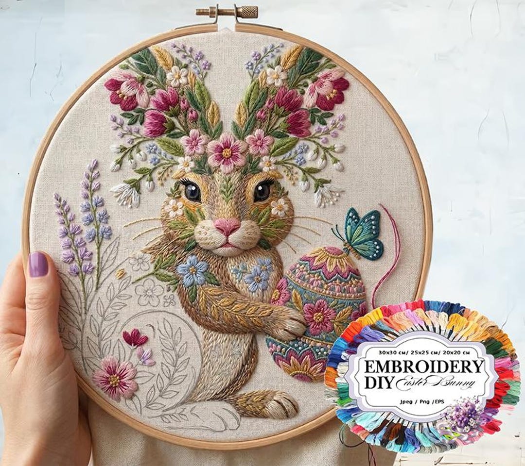 Easter Bunny Embroidery Design, Floral Rabbit Hand Embroidery Pattern ...