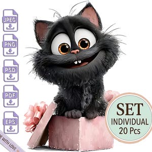 Niedliches Clipart-Bundle mit schwarzer Katze – Kawaii-Kätzchen zum digitalen Download – Transparenter Hintergrund, PNG, PSD, EPS, JPEG, Sublimationsdesign