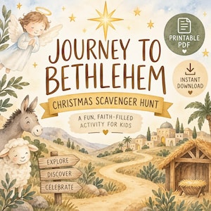 Może przedstawiać: Druk plik PDF w stylu akwareli zatytułowany Journey to Bethlehem Christmas Scavenger Hunt. Ilustracja przedstawia anioła, osła, owcę, drewniany znak ze słowami Explore, Discover, Celebrate oraz szopkę bożonarodzeniową.