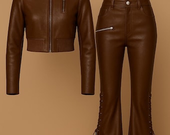May include: A brown leather jacket and matching pants set. The jacket has a zip-up front and a ribbed hem. The pants are flared at the bottom and have lace-up detailing on the sides. The set is displayed on a neutral background.