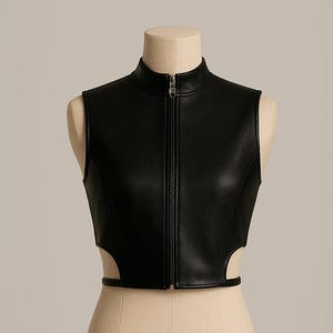 Women’s Genuine Leather Crop Top with Zipper | Sleeveless High Neck Real Leather Vest | Black Biker Chic Statement Top