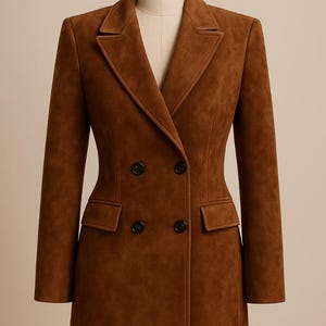 May include: A brown double-breasted blazer with a tailored fit. The blazer features a notched lapel, two front pockets, and four black buttons. The jacket is displayed on a mannequin.