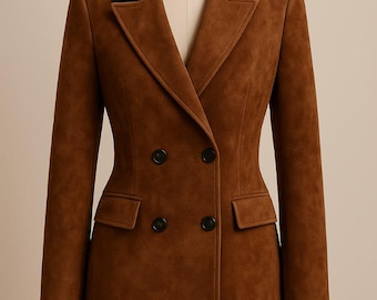 Blazer de ante para mujer / Chaqueta cruzada de sastre / Prendas de abrigo elegantes para otoño e invierno