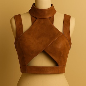 Suede Crop Top: High Neck Cutout Bustier - Edgy Festival Style -Designer top