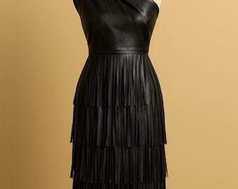 Black Leather Fringe Dress: Elegant Back Design, Party Occasion - Etsy