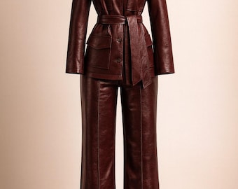 Traje de dos piezas de chaqueta y pantalón ancho de cuero auténtico hecho a mano para mujer