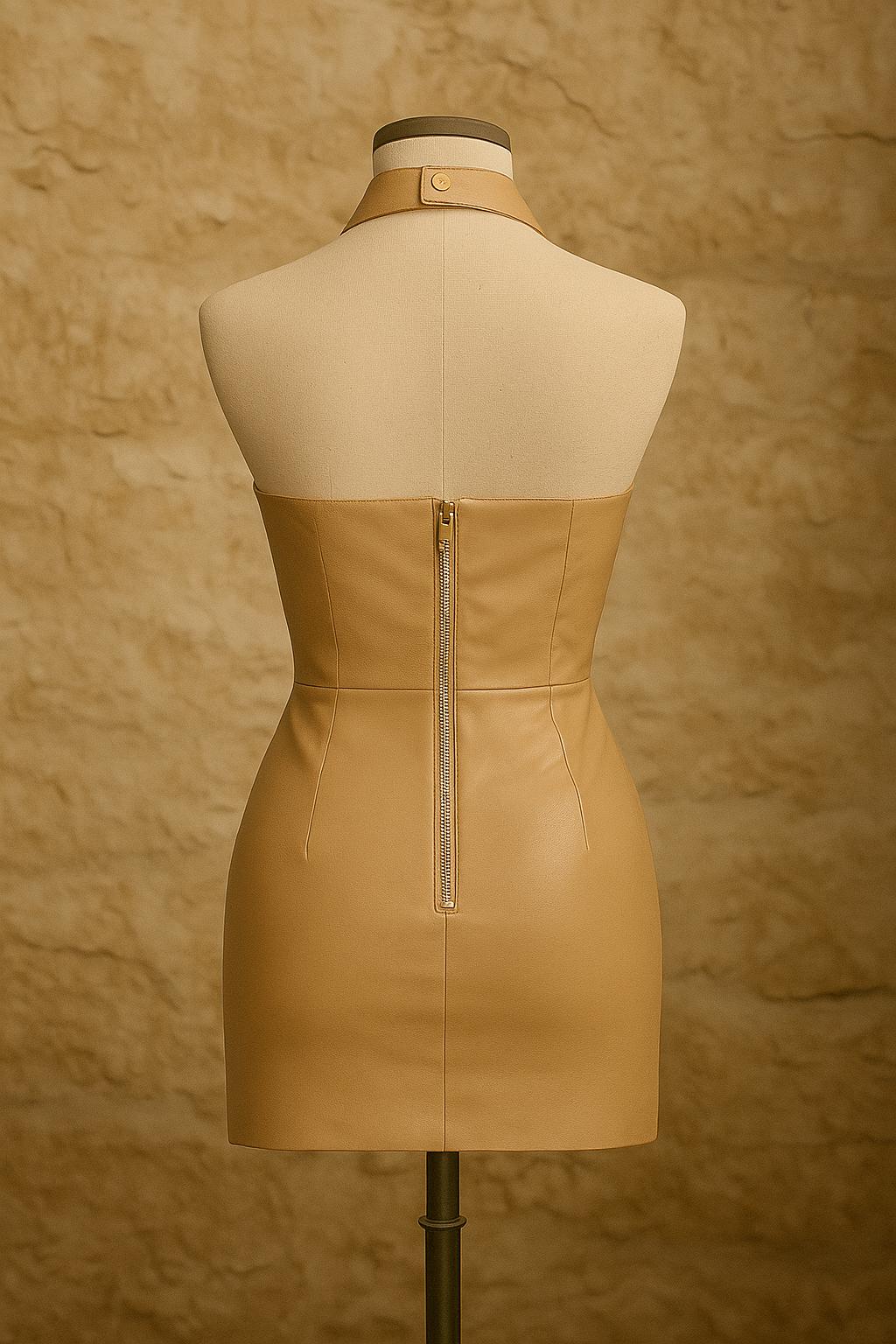 chinese dress ladies Cognac Shirred Faux Leather Strapless Midi Dress
