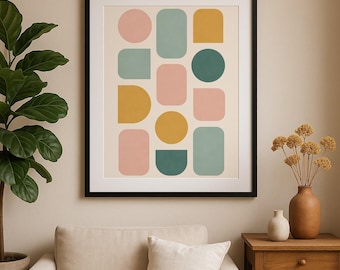 Mid Century Modern Wall Art, Geometric Abstract Print, Earth Tone Shapes Poster, Minimalist Retro Decor, Printable Digital Download