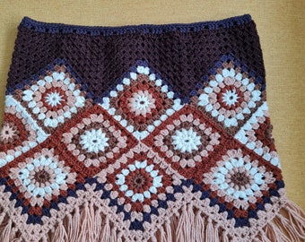 Crochet hippie boho mini skirt, brown granny square skirt,  cowgirls country skirt , festival skirt