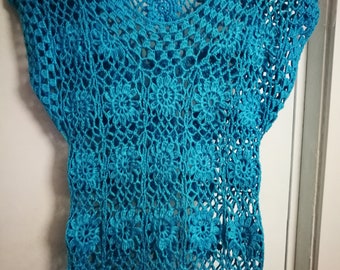 SALE! Handmade crochet lace turquosie blue cotton flowers motifs maxi long boho hippie beach girls dress Ready to ship!