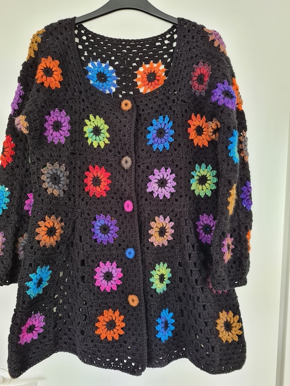 Crochet granny square black multicolour jacket, hippie boho gipsy jacket, festival coat jacket, boho cardigan, OOAK