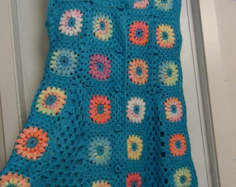SALE! Crochet granny square turquoise blue multicolour puff stitch flowers hippie boho sleeveless jacket vest Plus size OOAK Ready to ship!