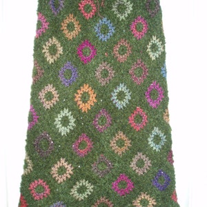 SALE Crochet 1970-s long maxi hippie bohemian festival granny square multicolor autumn flowers green skirt XL image 4