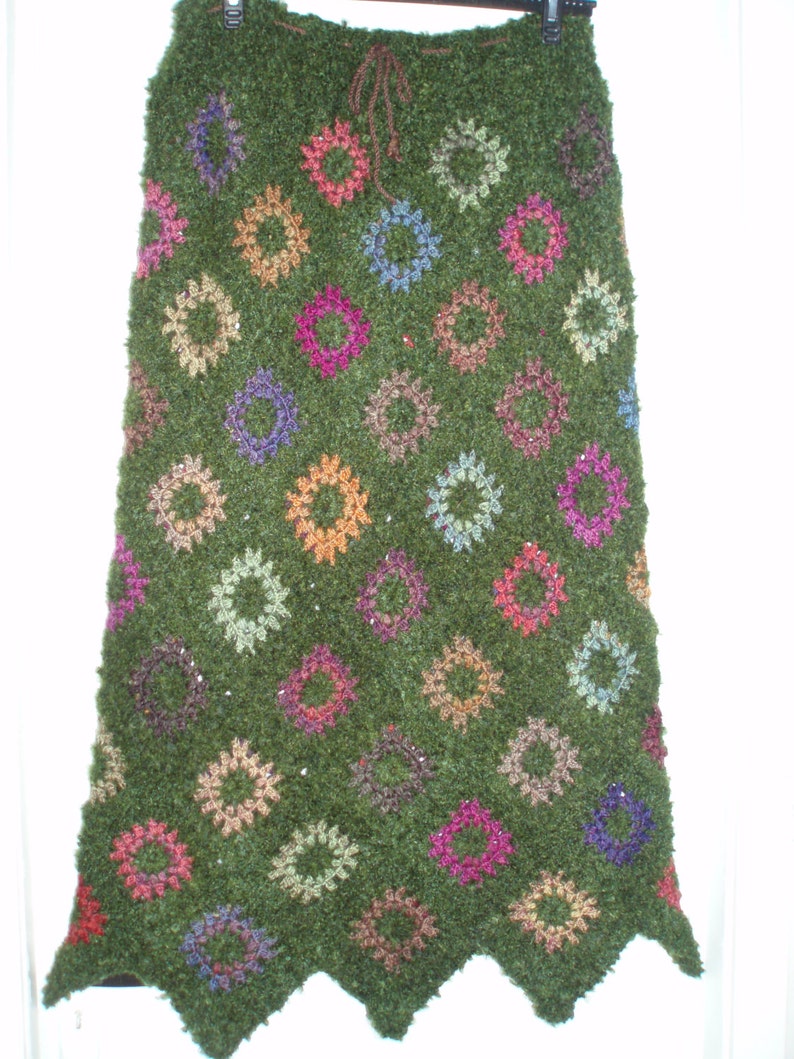 SALE Crochet 1970-s long maxi hippie bohemian festival granny square multicolor autumn flowers green skirt XL image 4